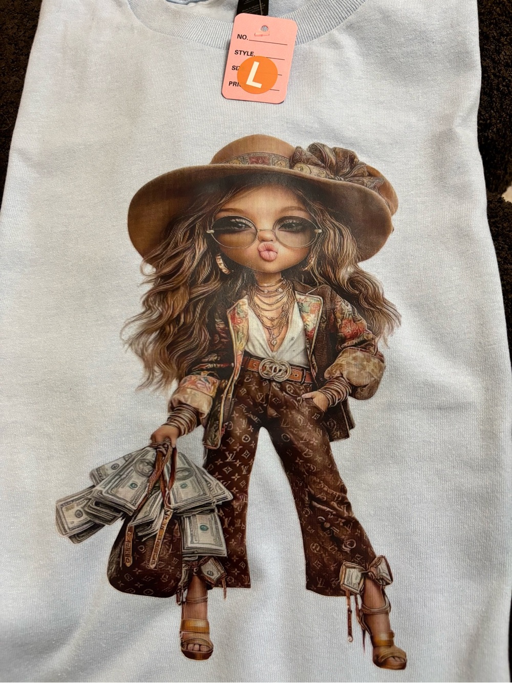 NEW Blue Graphic T-shirt with Fashion Doll Print in White and Brown - Large